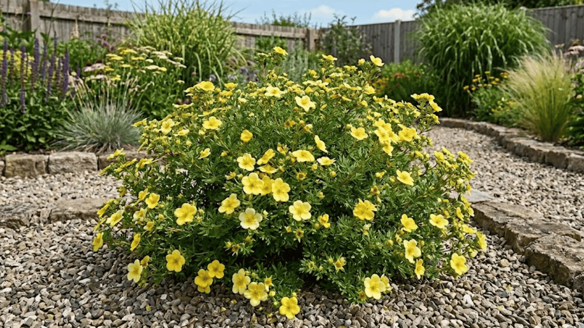 compact potentilla shrub covered in cheerful small yellow flowers in a sunny gravel garden