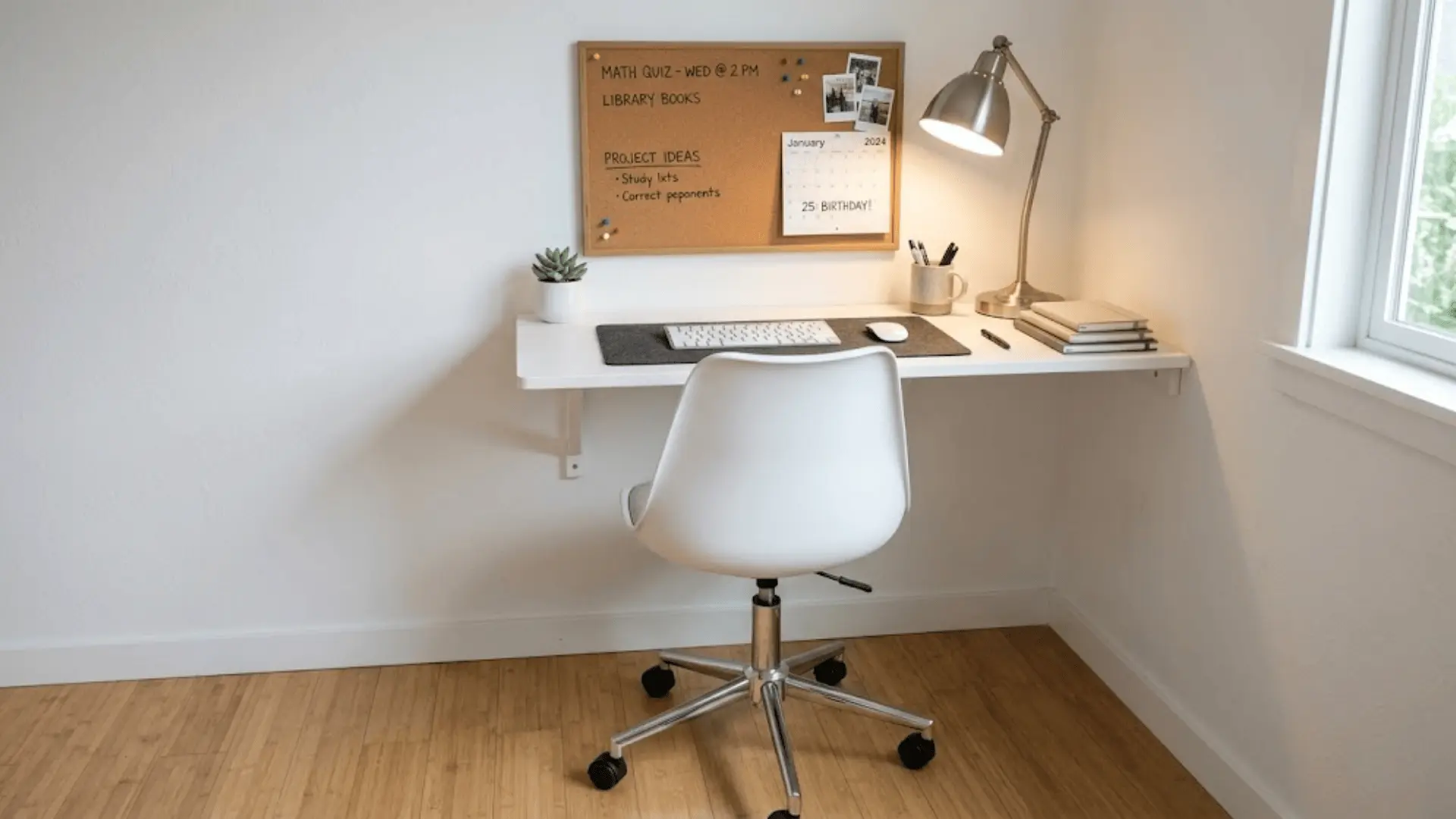 compact white polypropylene task chair at a narrow floating desk in a minimal organized study nook