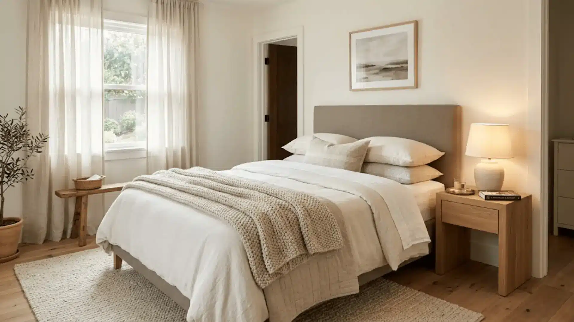 cozy guest bedroom with layered ivory bedding, linen curtains, oak nightstand, and warm white walls