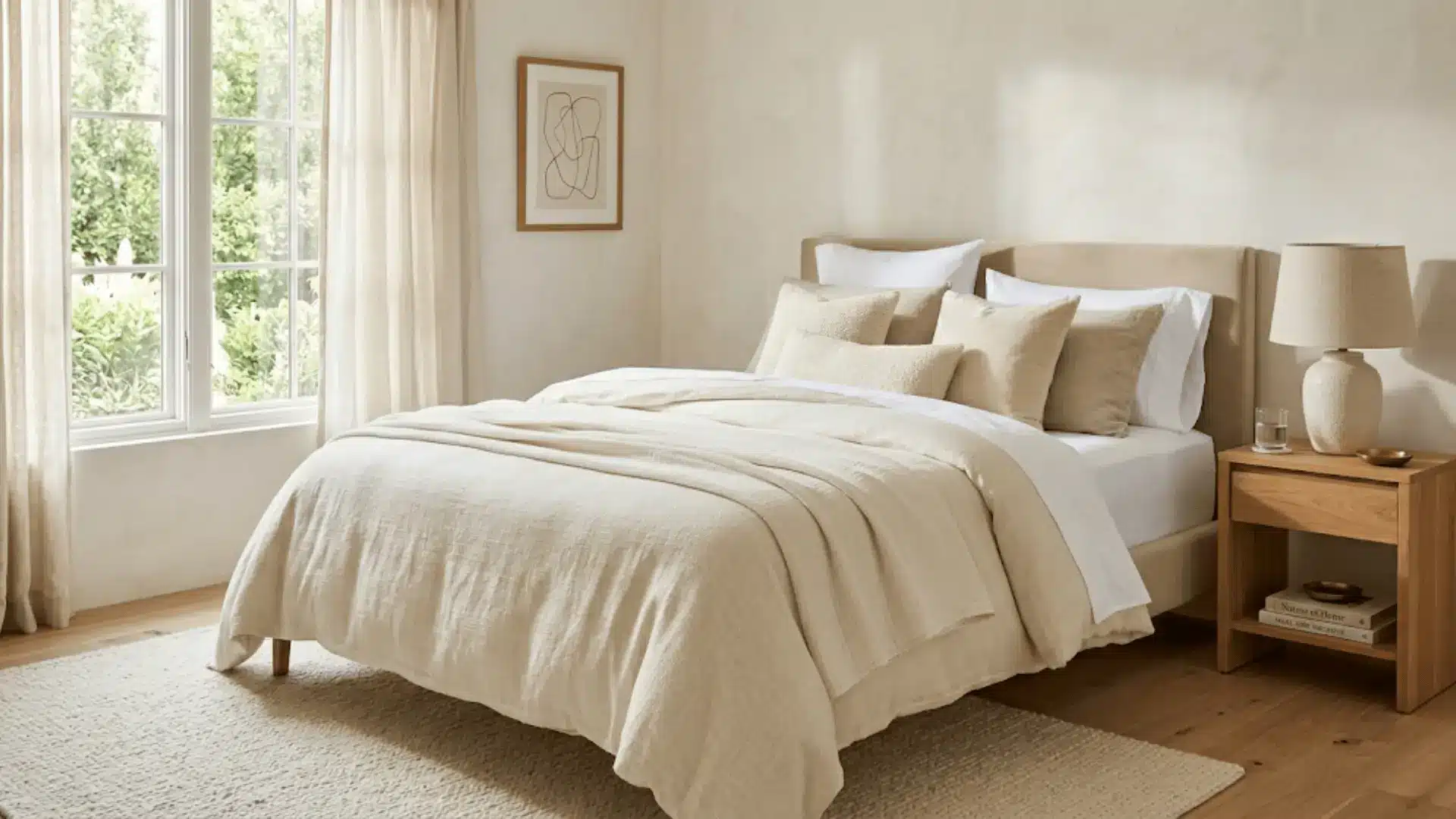 cozy neutral bed with layered linen duvet, velvet and cotton pillows, and soft throw in warm morning light