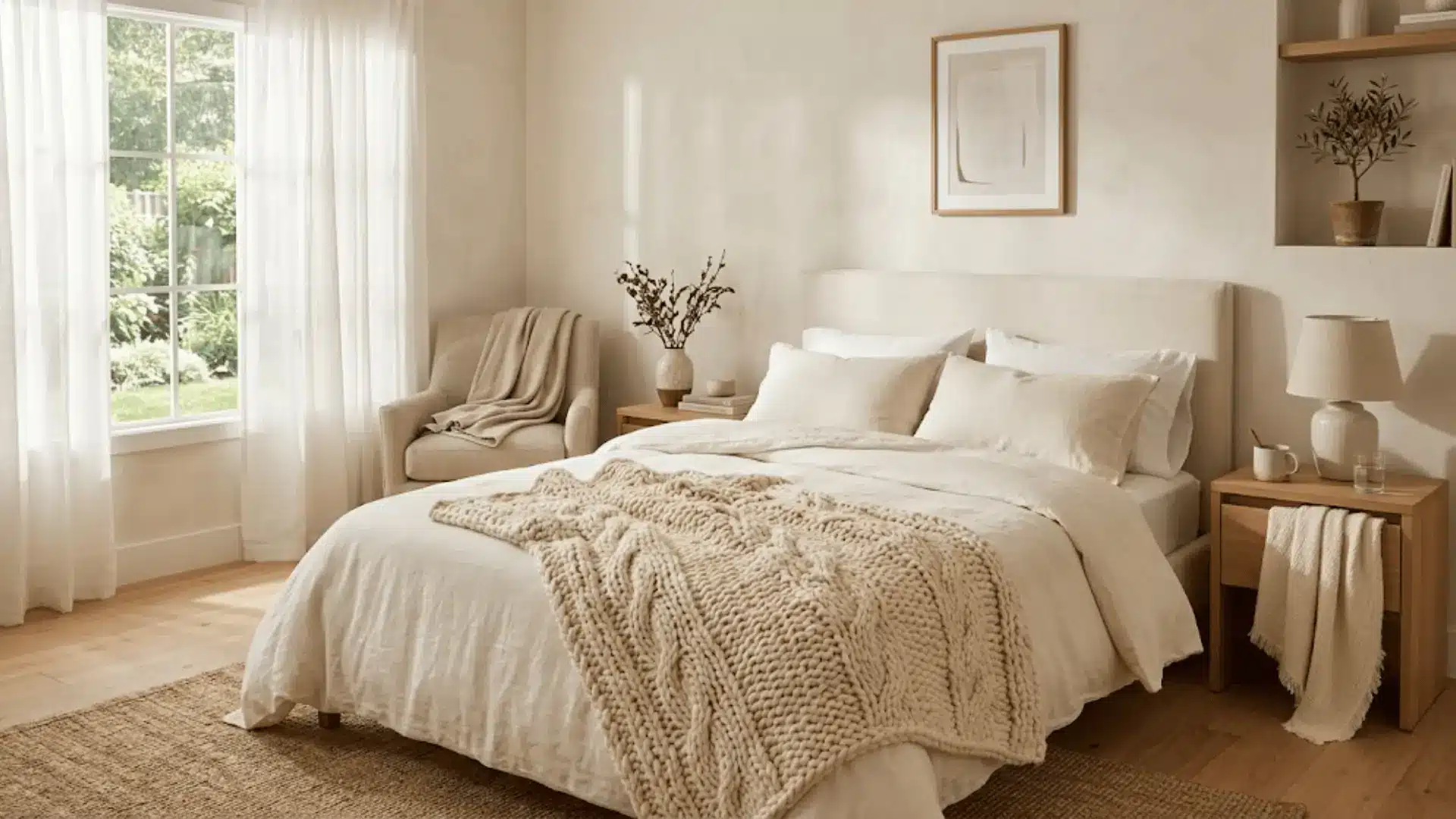 cozy neutral bedroom with chunky knit throw, folded linen blanket on armchair, and layered ivory bedding
