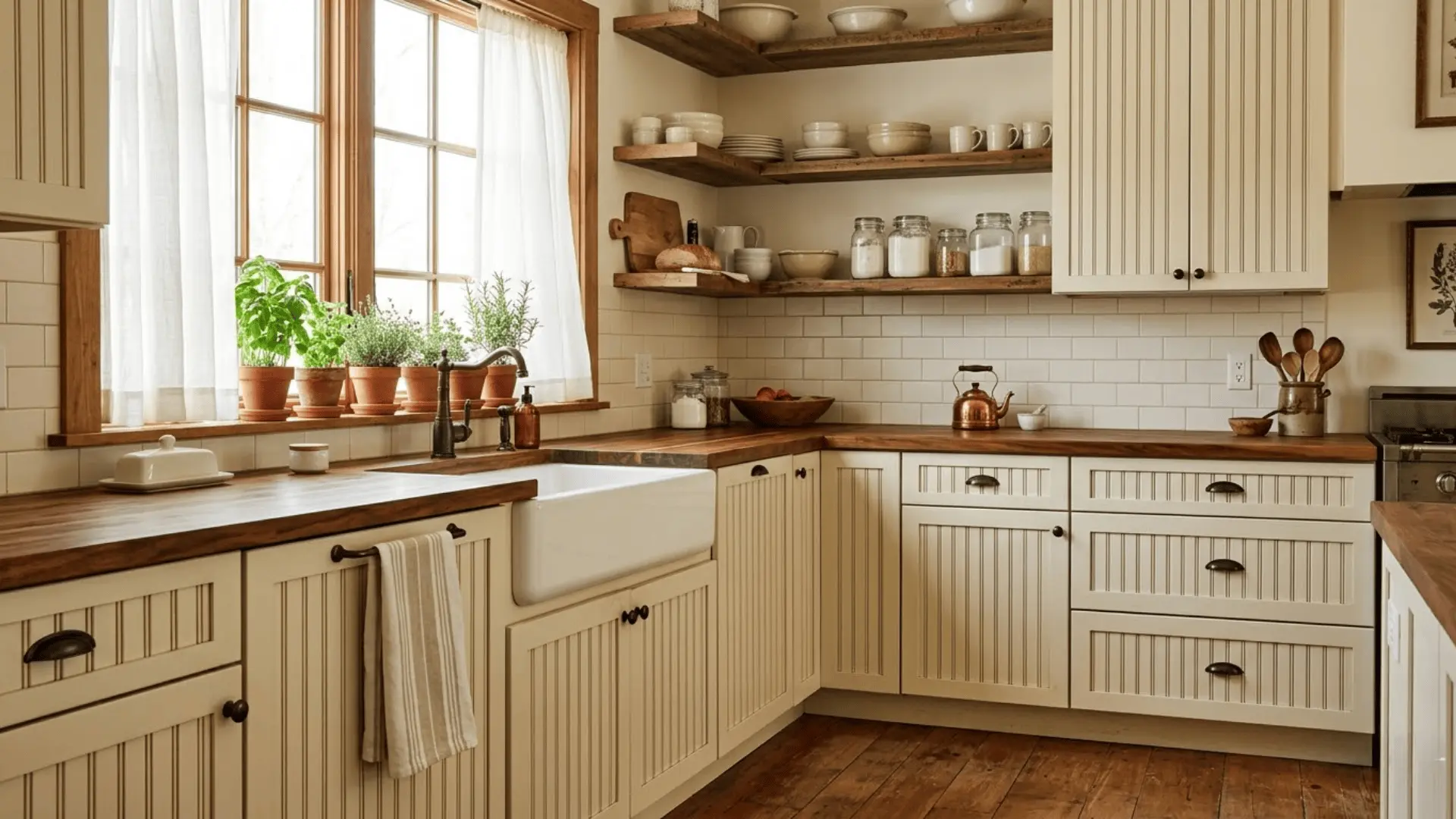 cream beadboard cabinets with butcher block countertops and apron sink in a cozy farmhouse kitchen