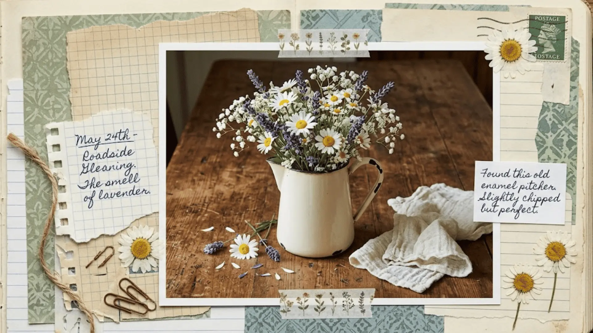 cream enamel farmhouse pitcher with loose wildflower bouquet as charming dining table centerpiece