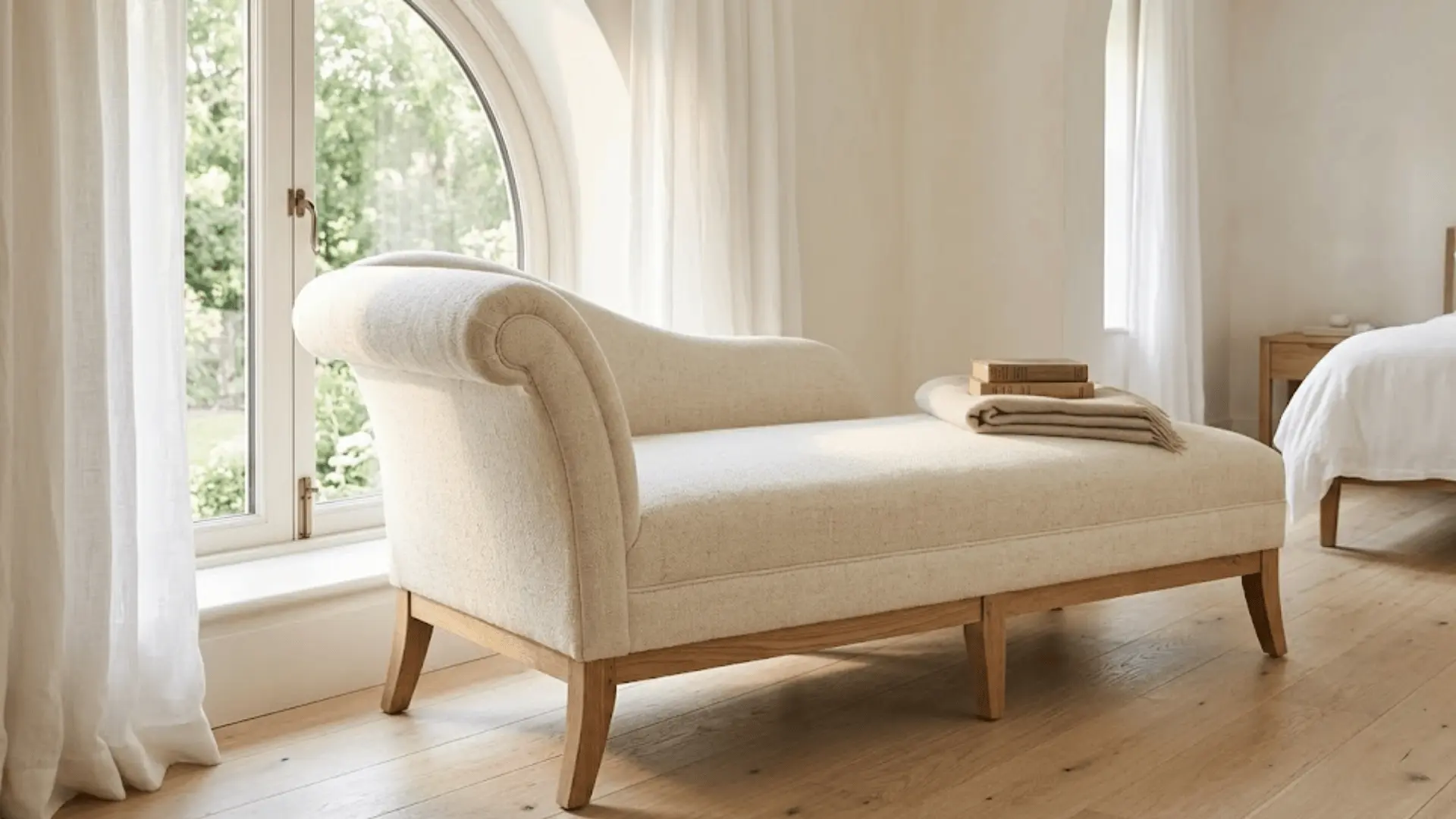 cream linen chaise lounge beside an arched window in a bright airy bedroom with warm natural light