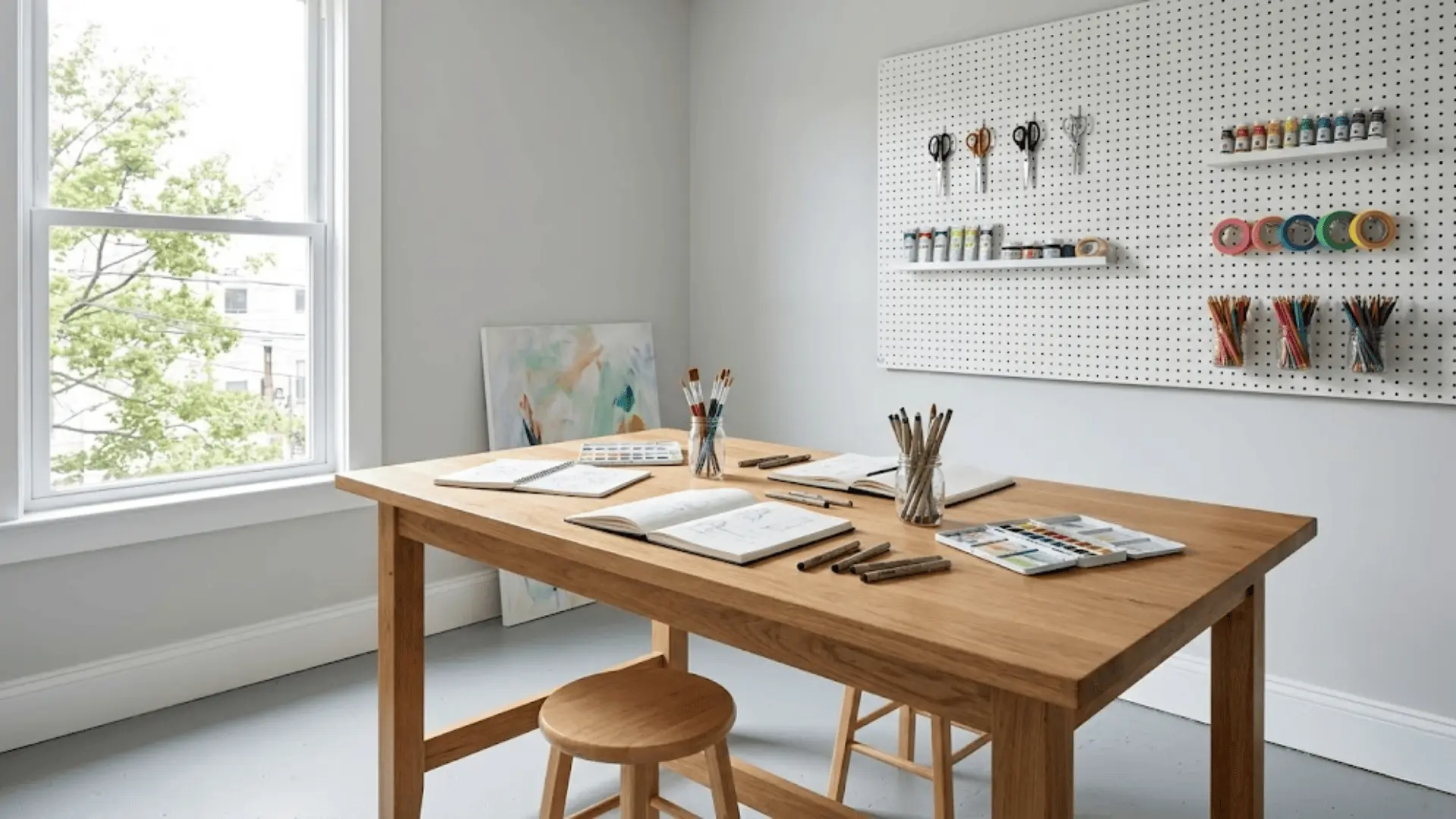 creative studio spare bedroom with wood worktable, pegboard wall storage, art supplies, and north-facing daylight