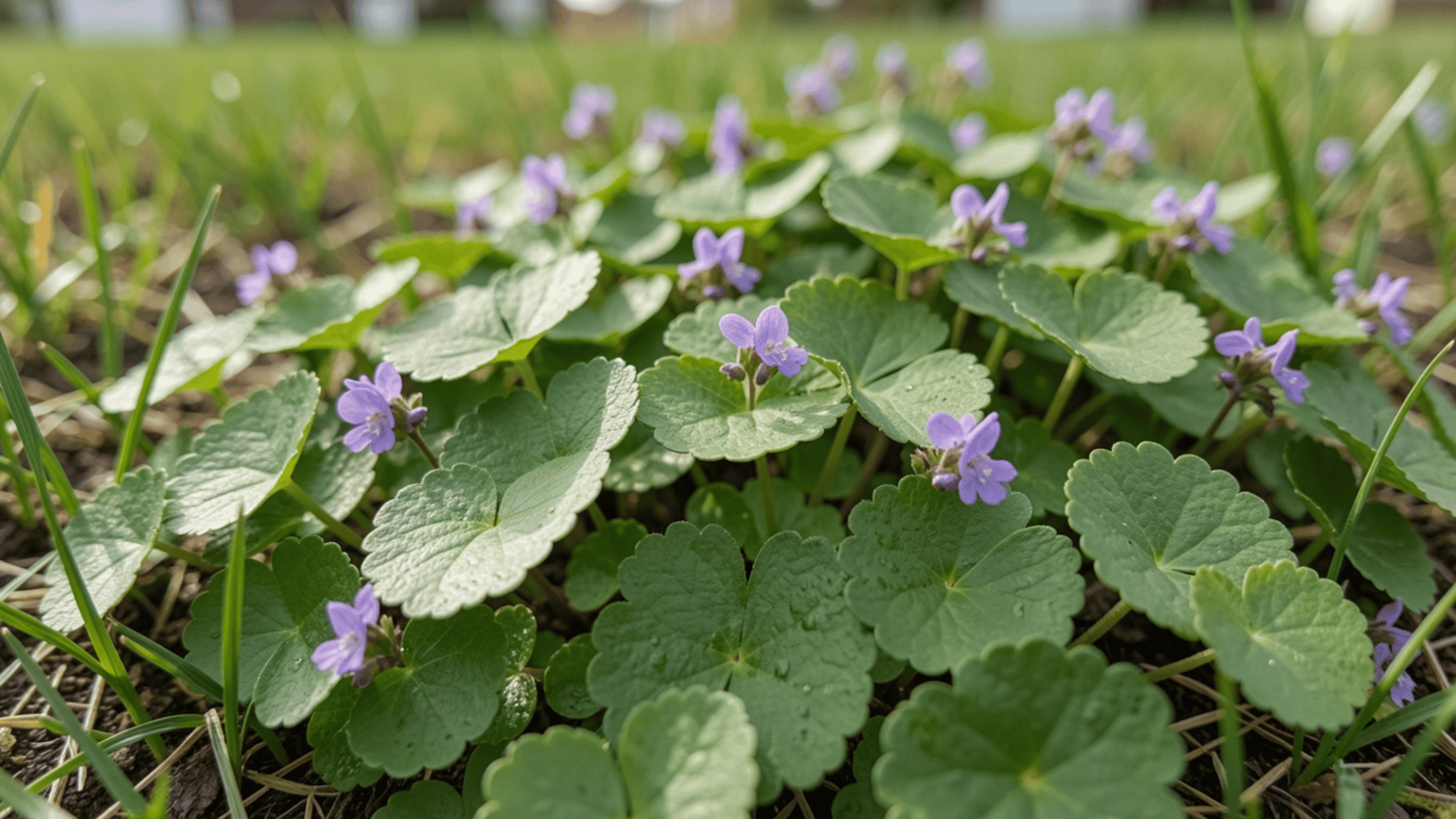 creeping charlie ground cover with round scalloped leaves and small purple flowers spreading through lawn grass naturally