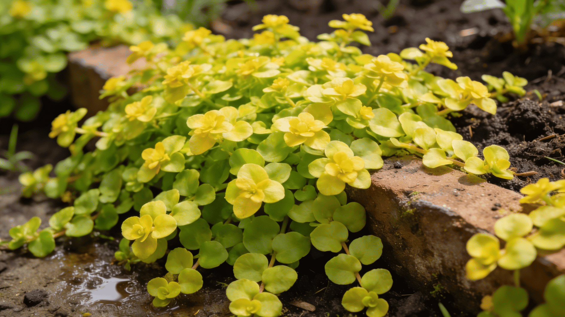 creeping jenny plant with trailing yellow-green leaves growing densely beside wet garden border in bright natural sunlight