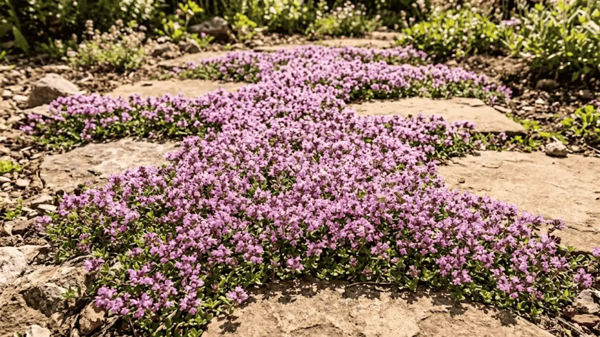 creeping thyme with tiny pink purple flowers spreading across sun-warmed stepping stones and rocky ground