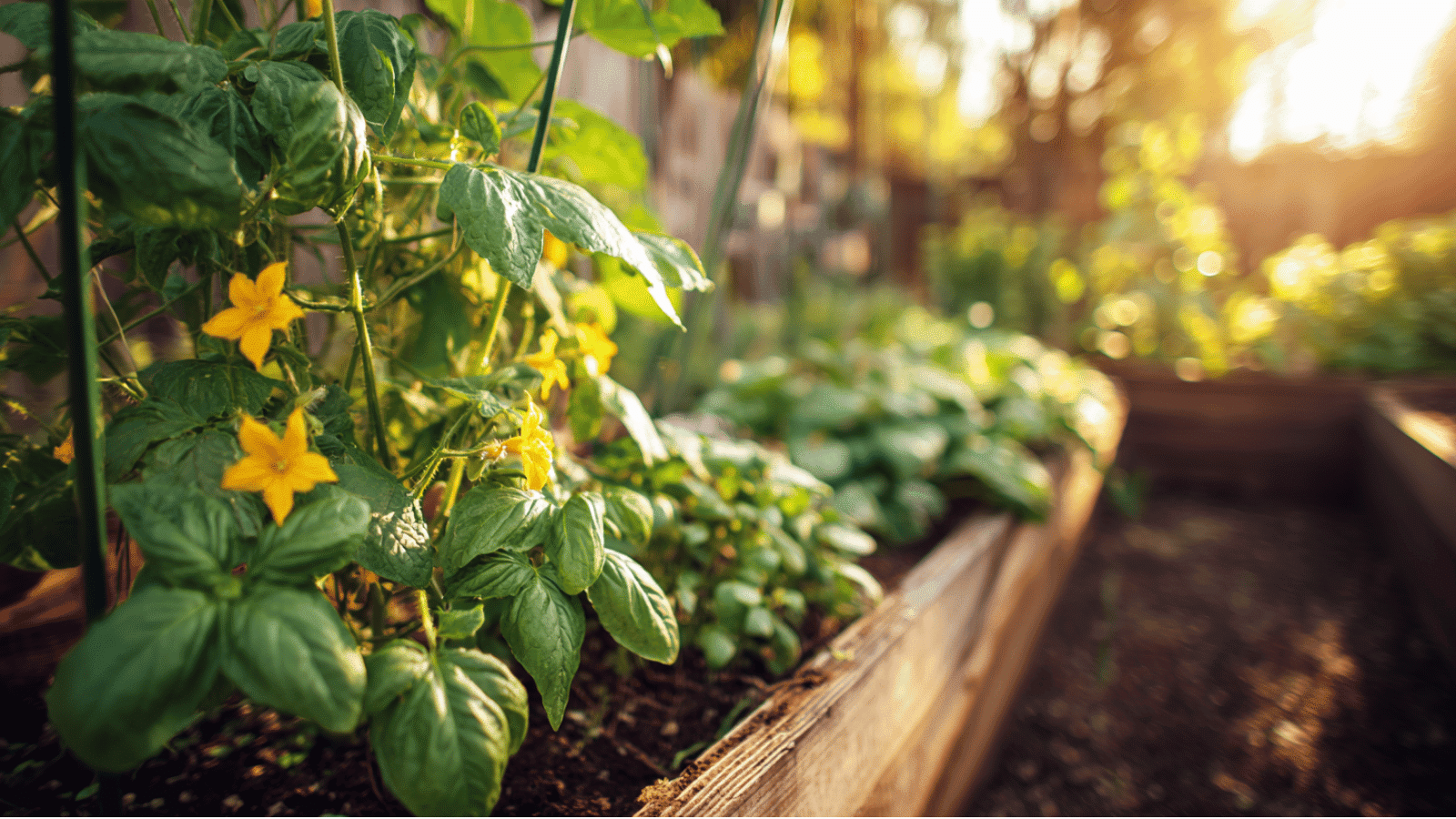 Cucumber vines and basil growing in raised beds with yellow blooms in a backyard garden.