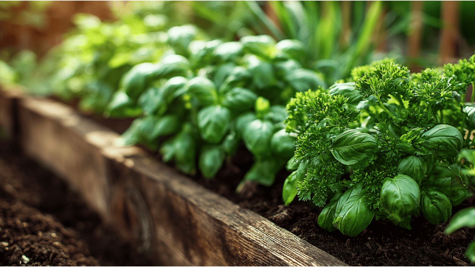 Curly parsley and basil growing in a rustic planter bed with soft sunshine and deep brown organic earth.