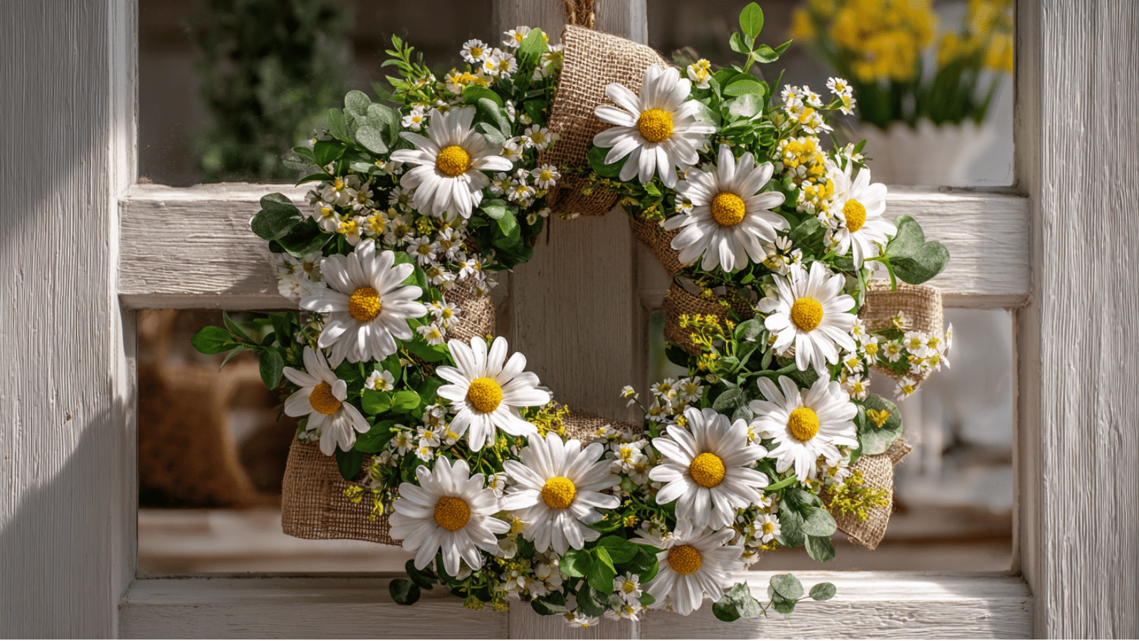 daisy wreath with white daisies yellow flower centers greenery and burlap ribbon hanging on a white wooden door