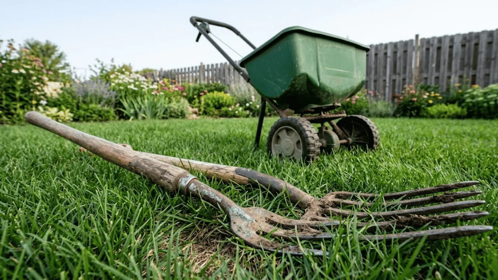 dandelion fishtail weeder, garden fork, and lawn spreader arranged on grass in natural daylight
