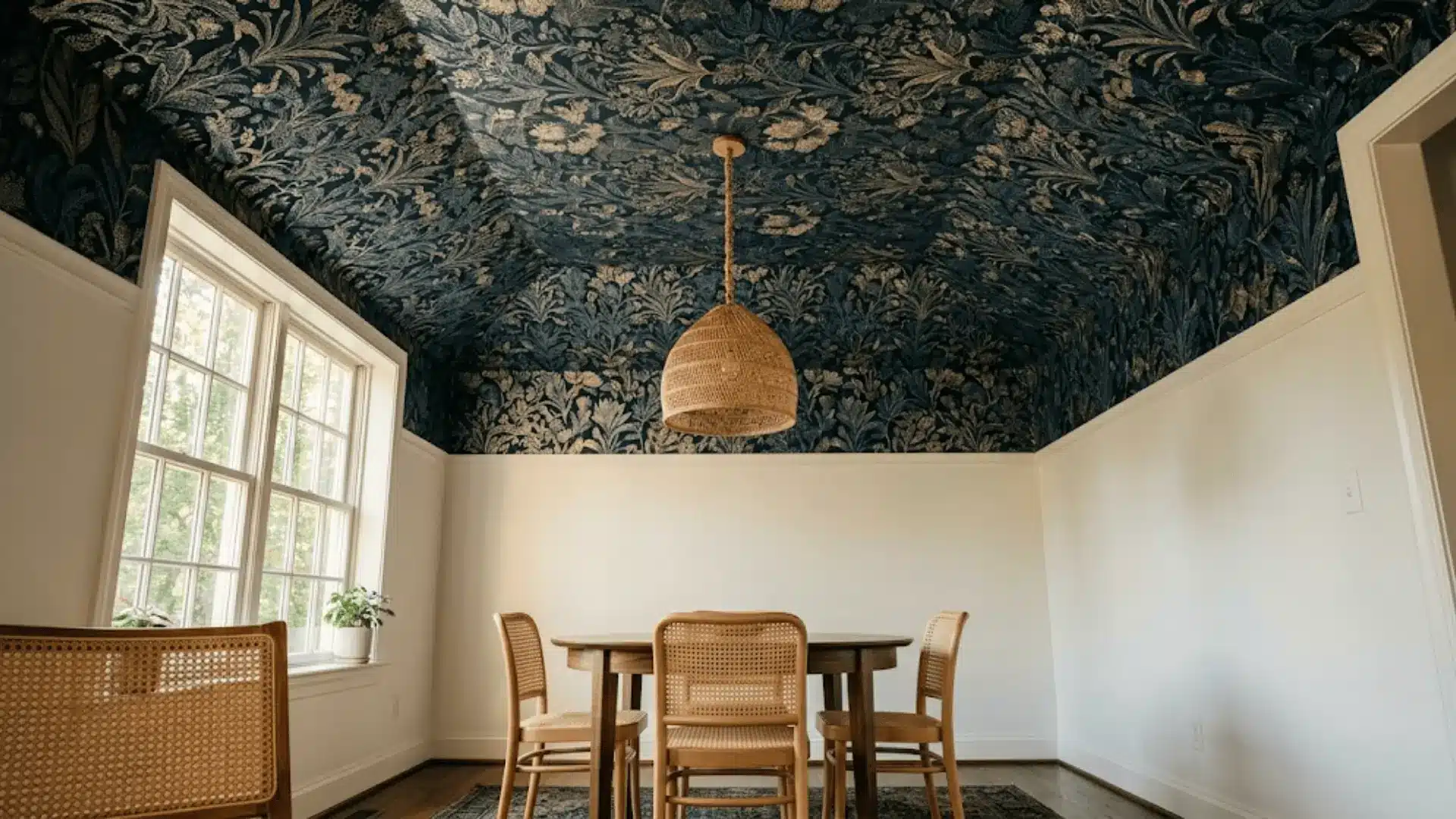 dark botanical wallpaper ceiling above a walnut dining table with rattan pendant and cane chairs