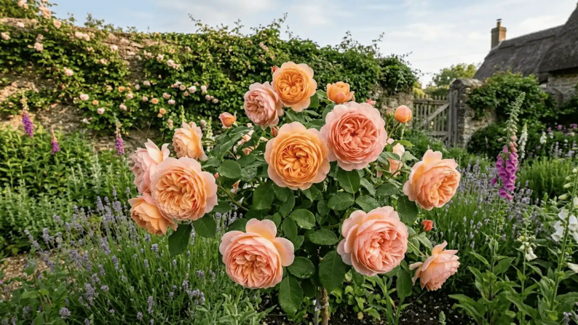 david austin english rose bush with deeply cupped apricot pink blooms in a classic cottage garden setting