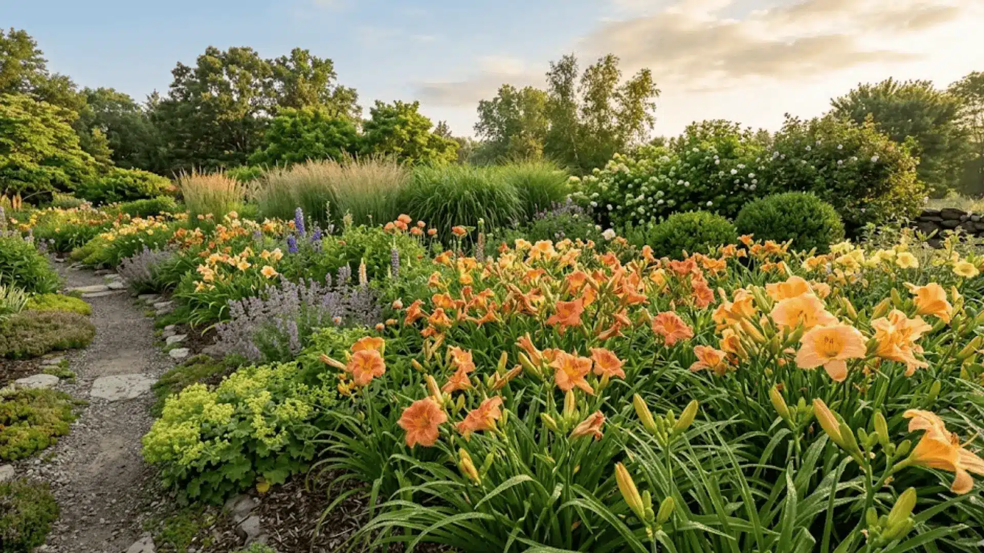 daylilies in varying bloom stages from bud to full open bloom in a perennial garden in late spring