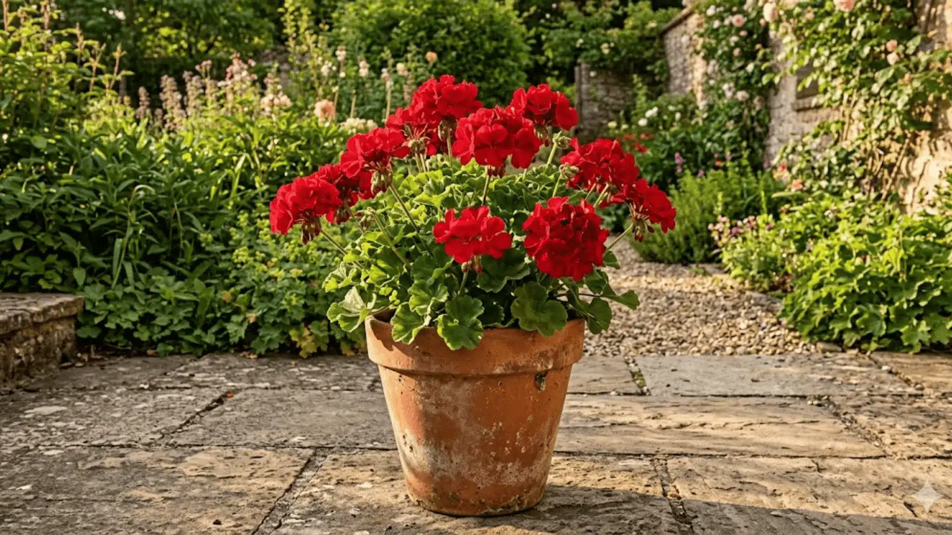 deep red pelargonium geraniums in a weathered clay pot on a sunlit stone patio