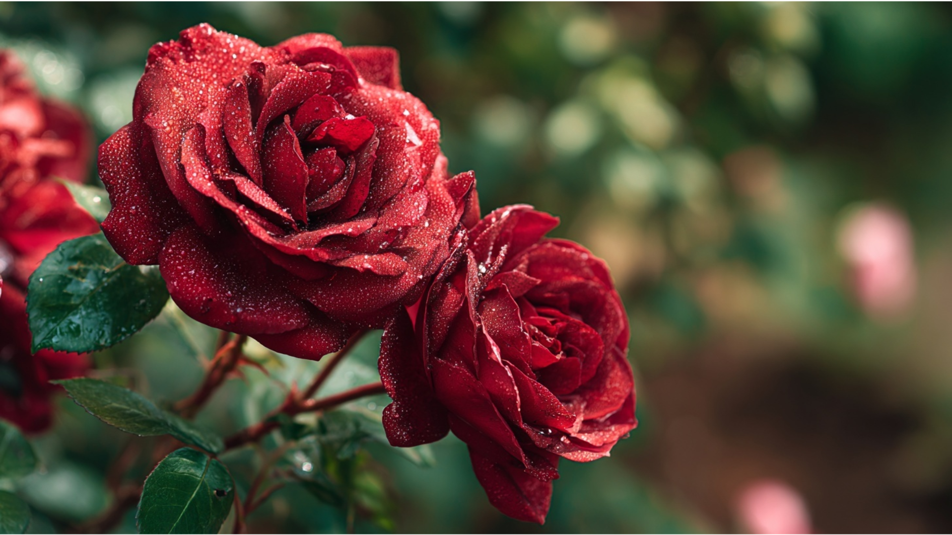 deep red roses growing in a garden bed with morning dew on petals