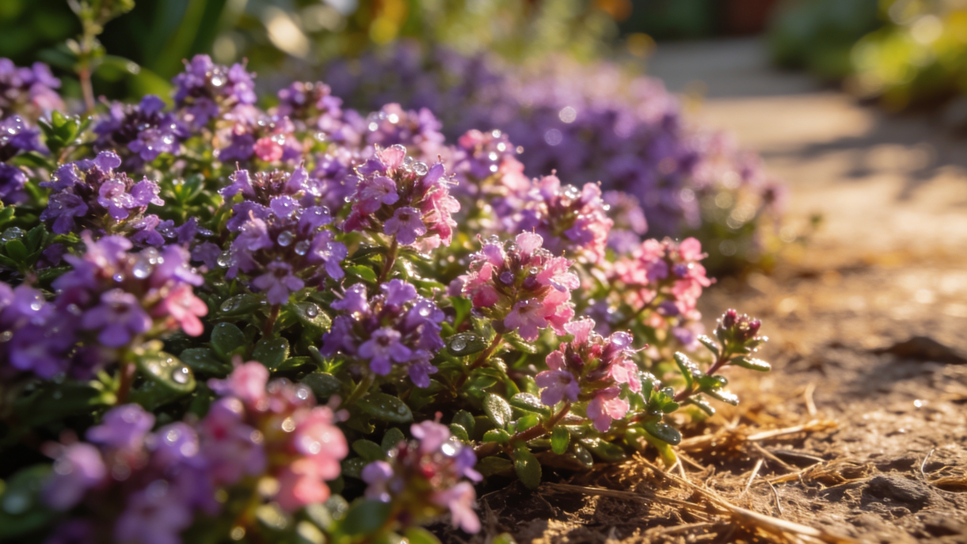 dense creeping thyme ground cover in full bloom with purple and pink flowers spreading across a sunny garden path