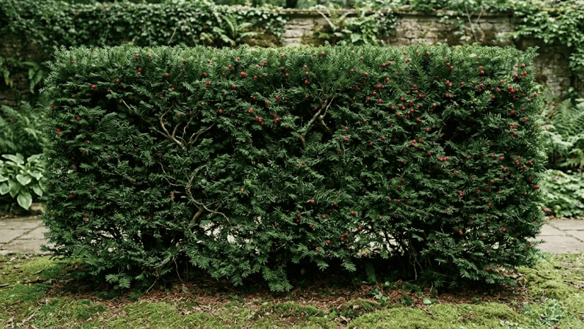dense dark green yew hedge with scattered red berries in a shaded formal garden