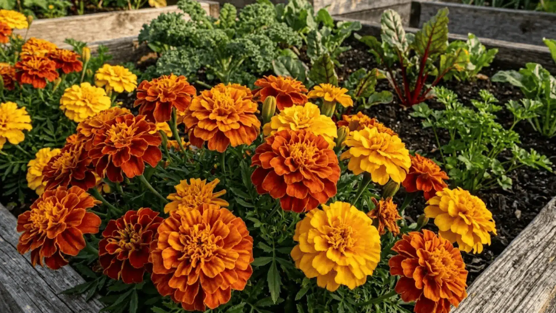 dense double orange and yellow marigolds in a kitchen garden border in warm afternoon sunlight