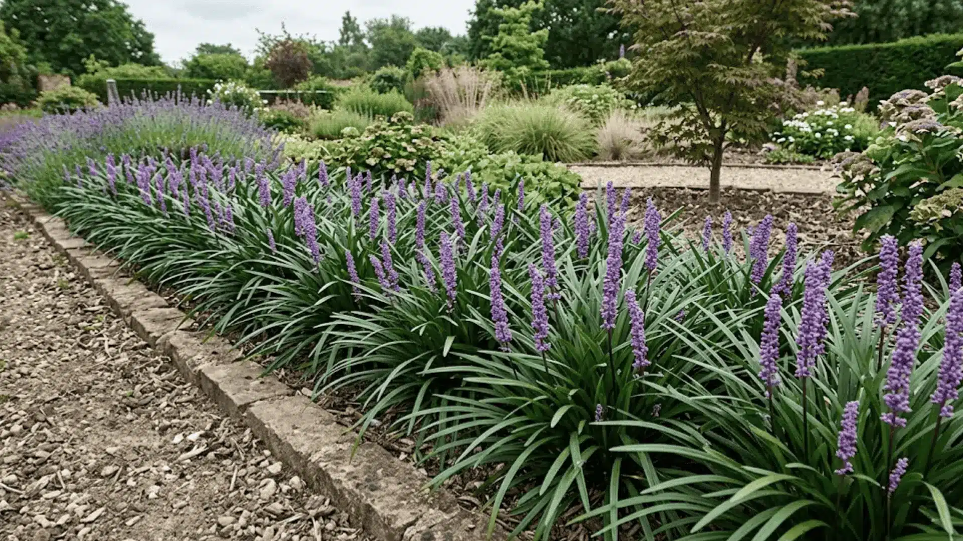 dense liriope border with dark green strap leaves and purple flower spikes in dry garden soil