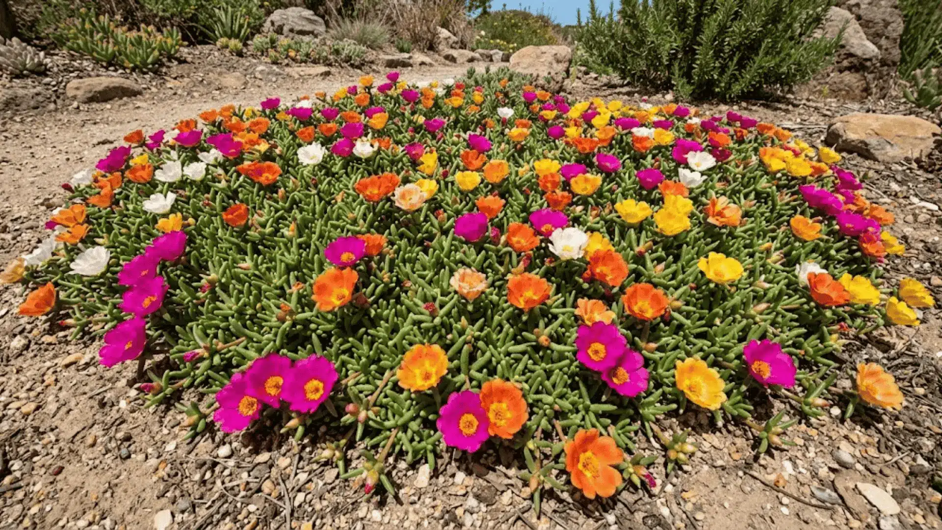 dense mat of magenta orange and yellow portulaca blooms spreading across dry sandy garden soil