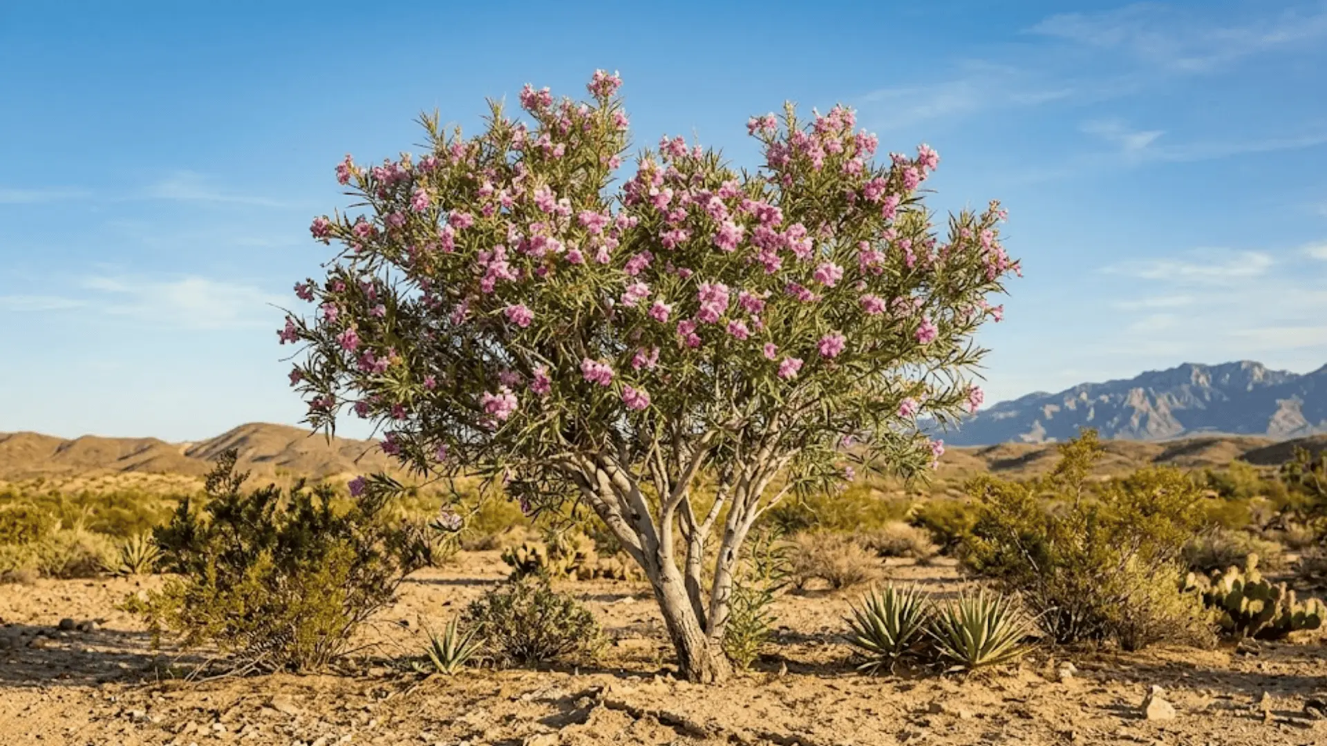 desert willow tree with pink lavender trumpet flowers and slender leaves in dry southwestern landscape
