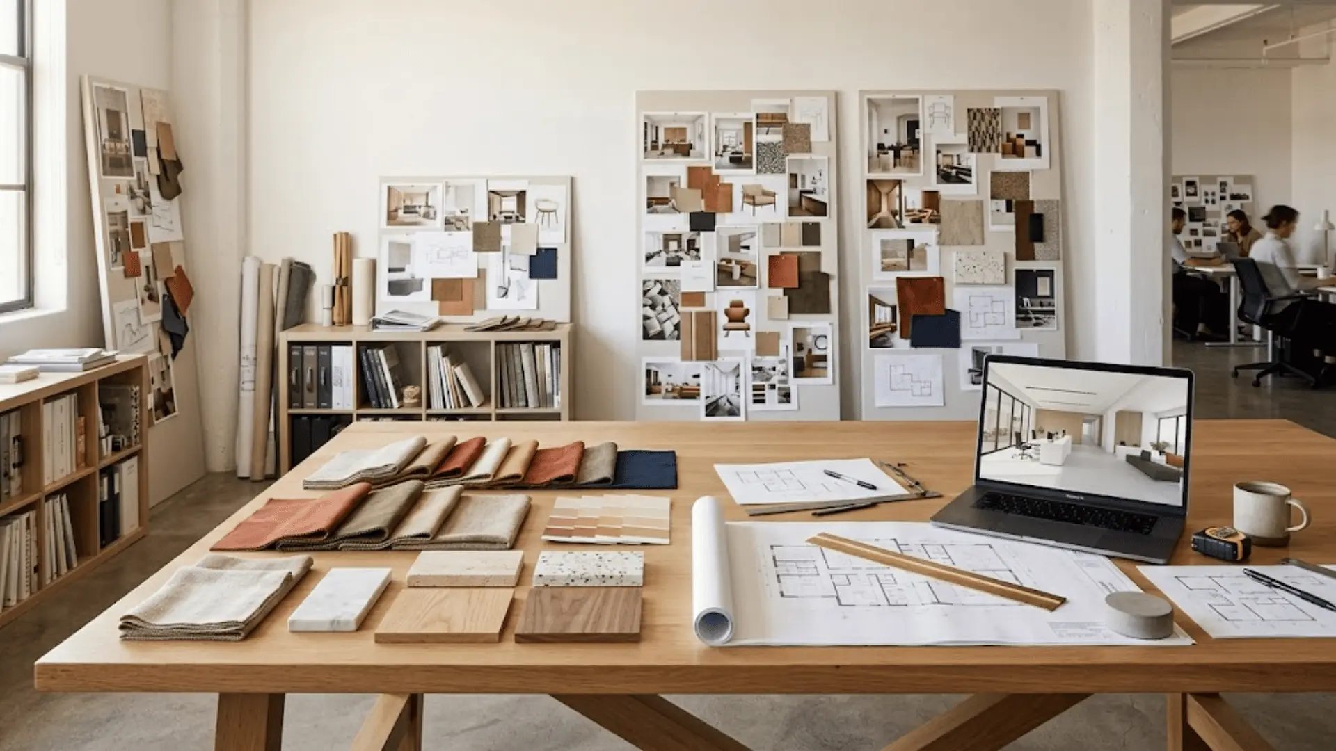 design studio worktable with material samples, floor plans, mood boards, and a 3d render on laptop
