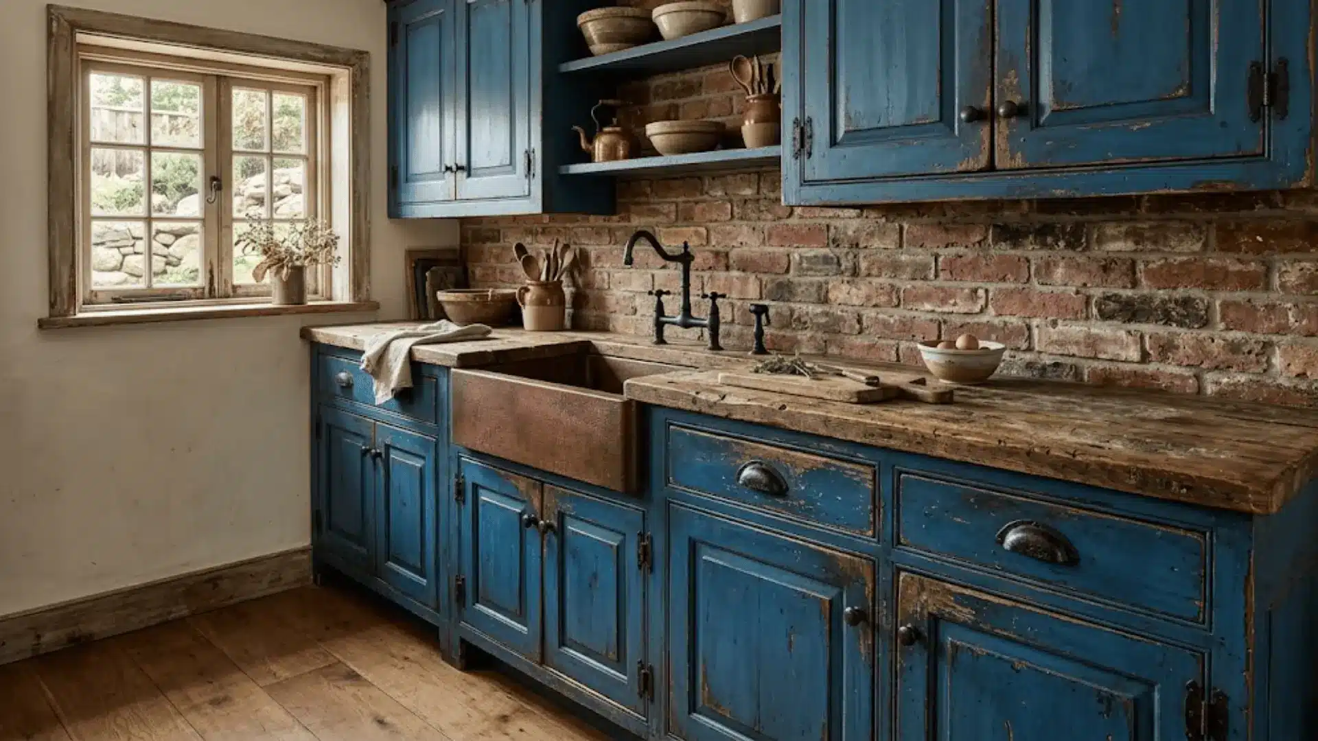 distressed antique blue cabinets with reclaimed wood countertops and brick backsplash in a rustic kitchen