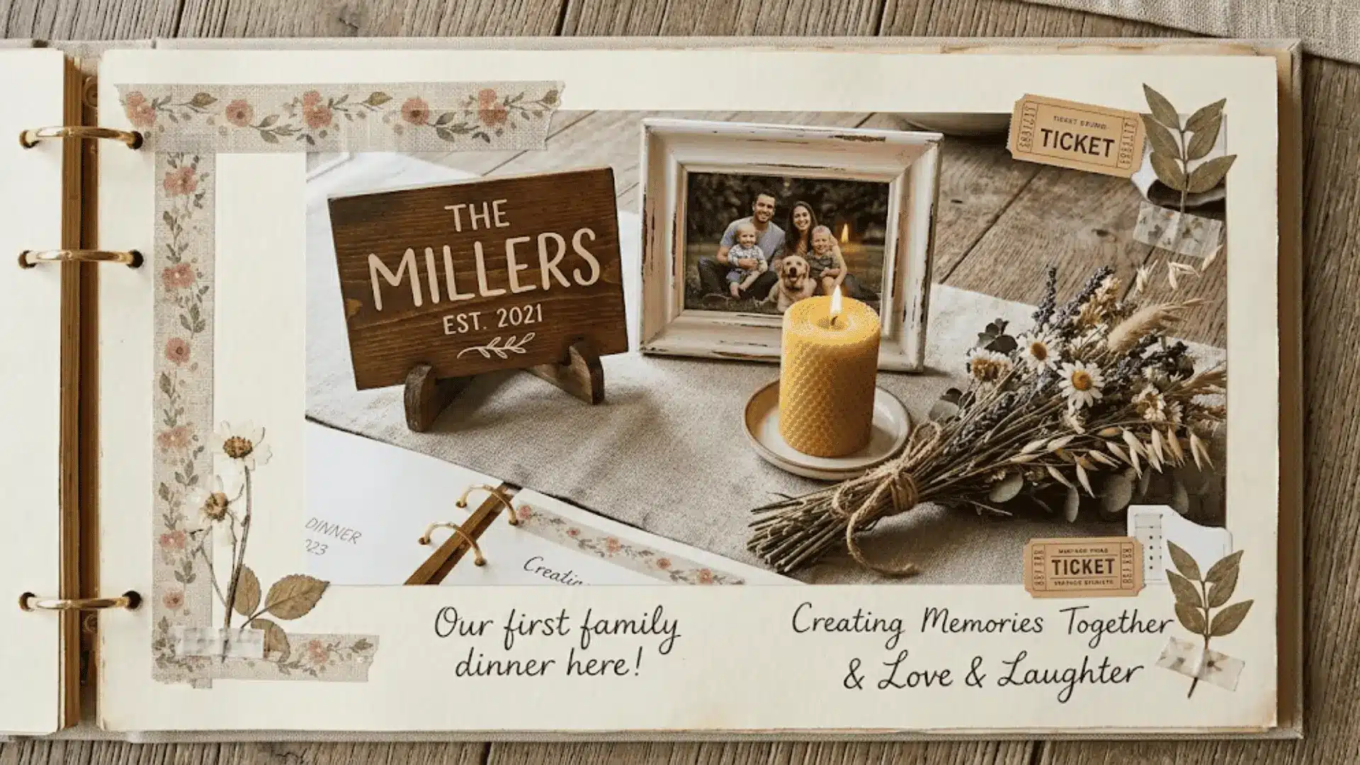 diy personalized centerpiece with hand lettered name board family photo candle and dried wildflowers on linen