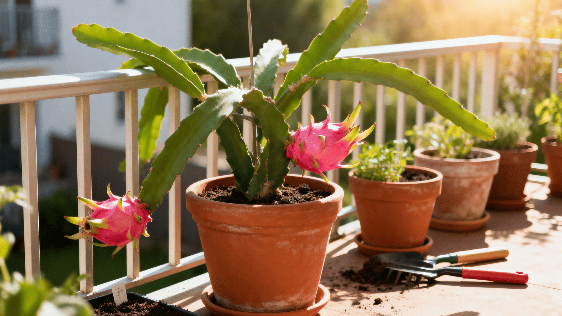 dragon fruit plant growing in a sunny balcony pot with ripe pink fruits and warm golden evening sunlight outdoors