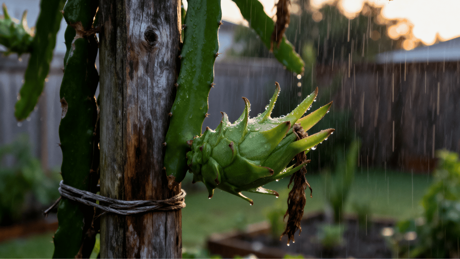 dragon fruit plant tied to a wooden support pole with growing fruit in a sunny backyard garden setting outdoors