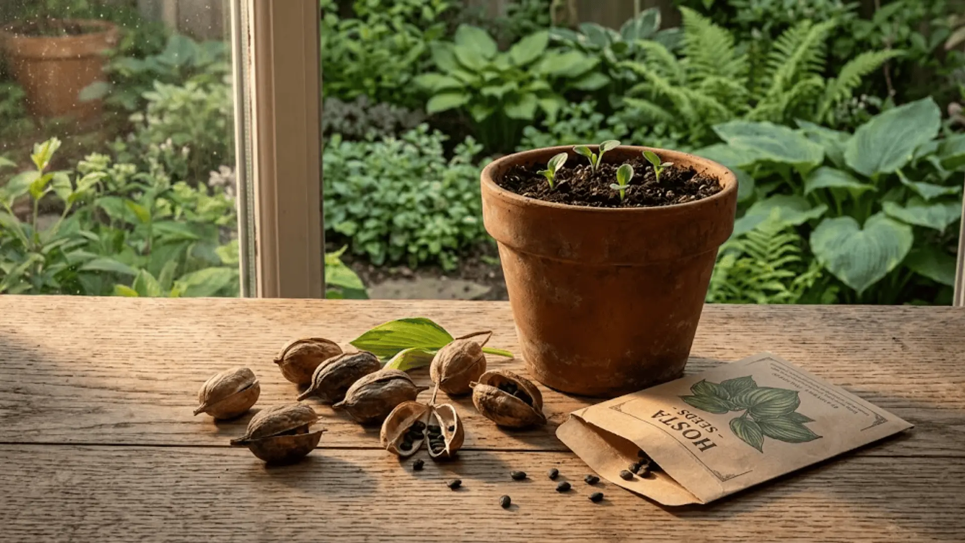 dried hosta seed pods and loose seeds on a wooden table beside a terracotta pot with emerging seedlings near a window