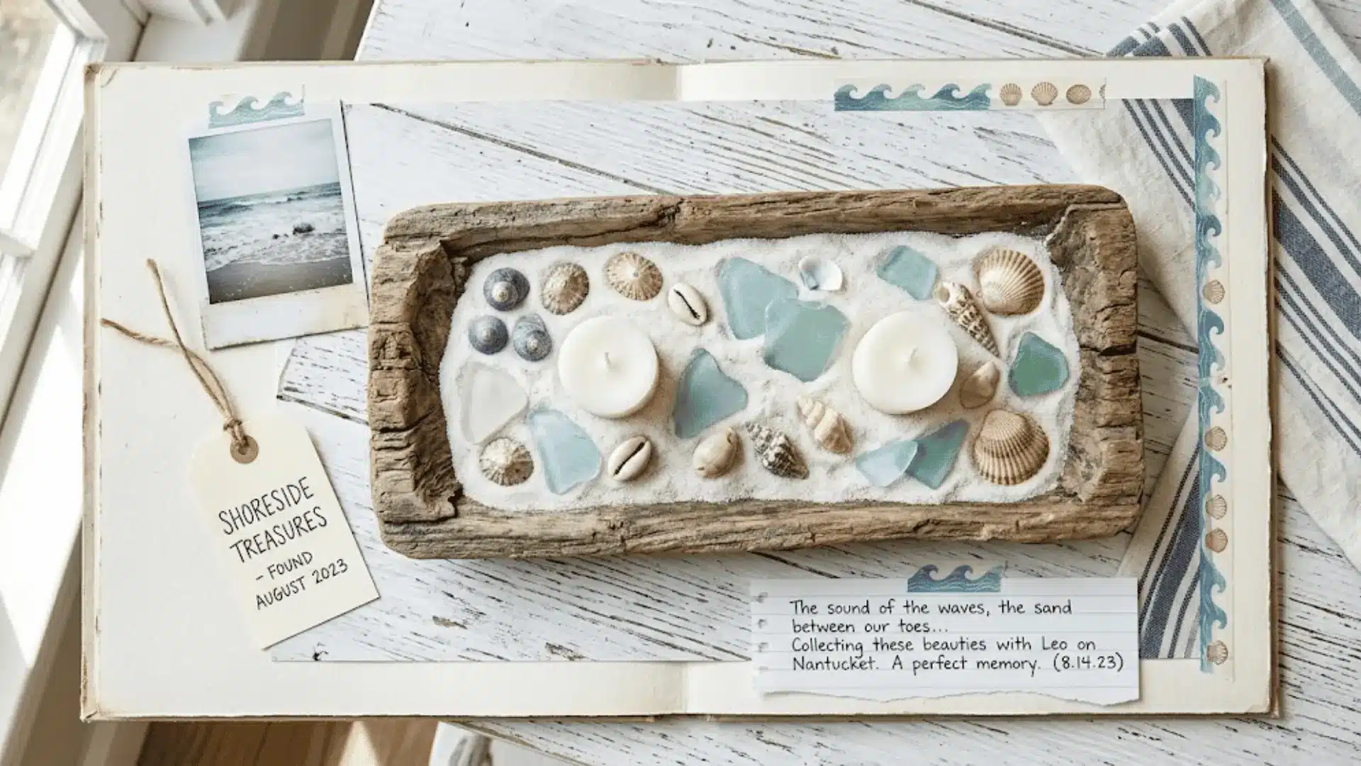 driftwood tray with white sand shells sea glass and candles as coastal dining table centerpiece