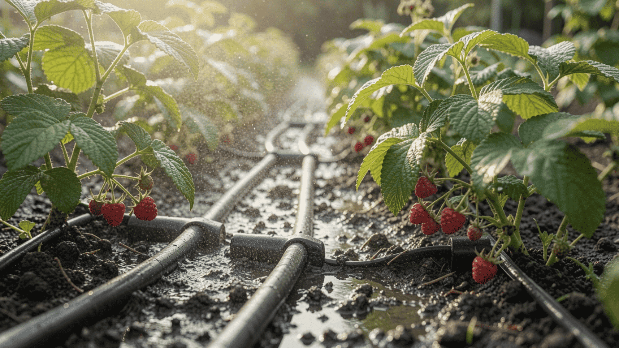 drip irrigation hose watering the base of raspberry plants in a garden row on a sunny morning
