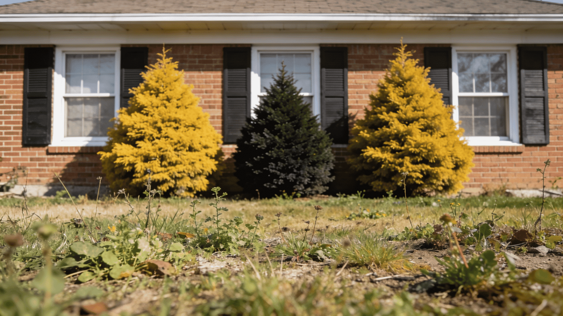 dry patchy front lawn with scattered weeds and shrubs in suburban yard outside brick house during sunny daytime outdoors