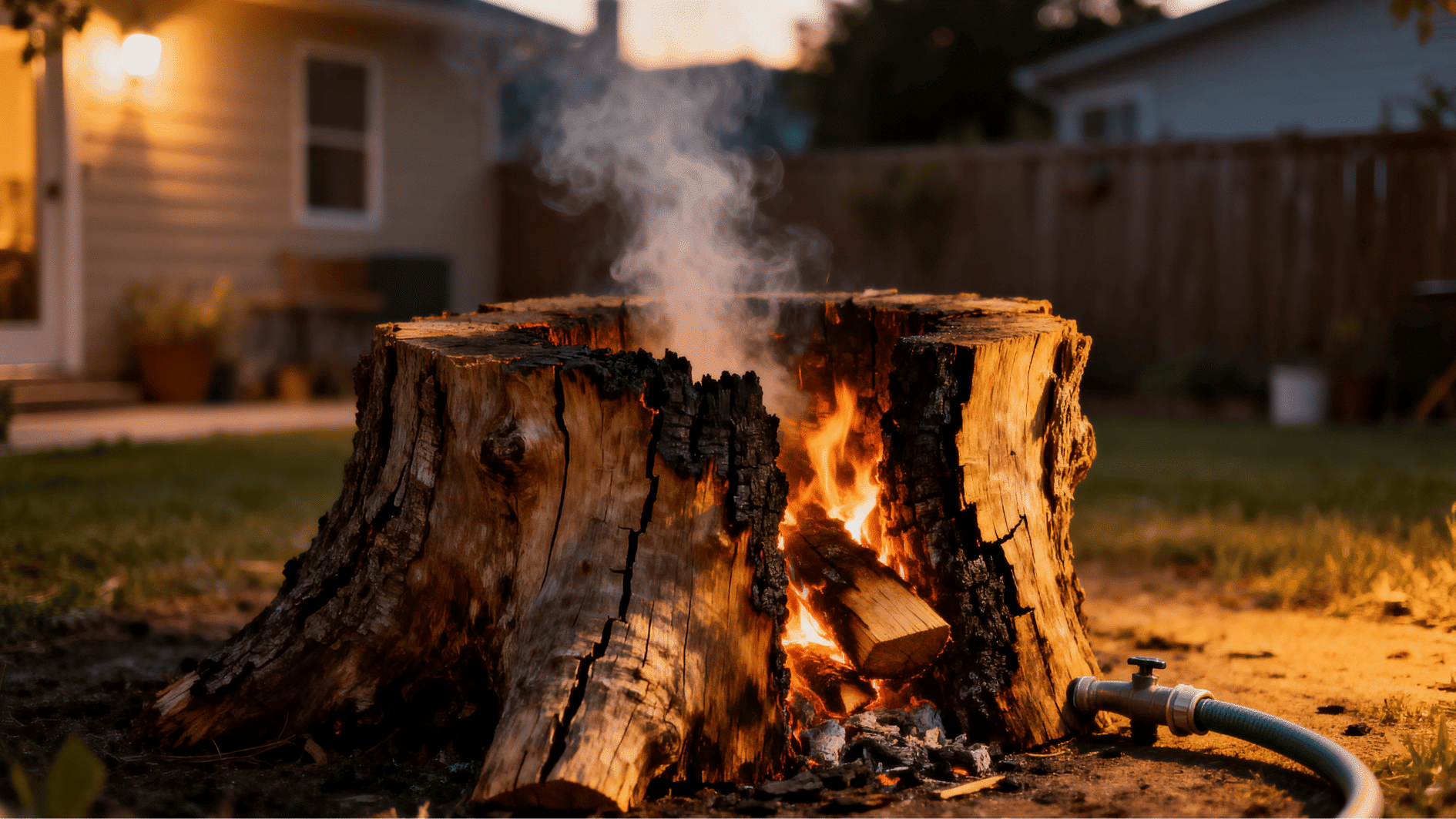 dry tree stump burning slowly from the inside in a backyard at sunset with light smoke and a garden hose nearby for safety.