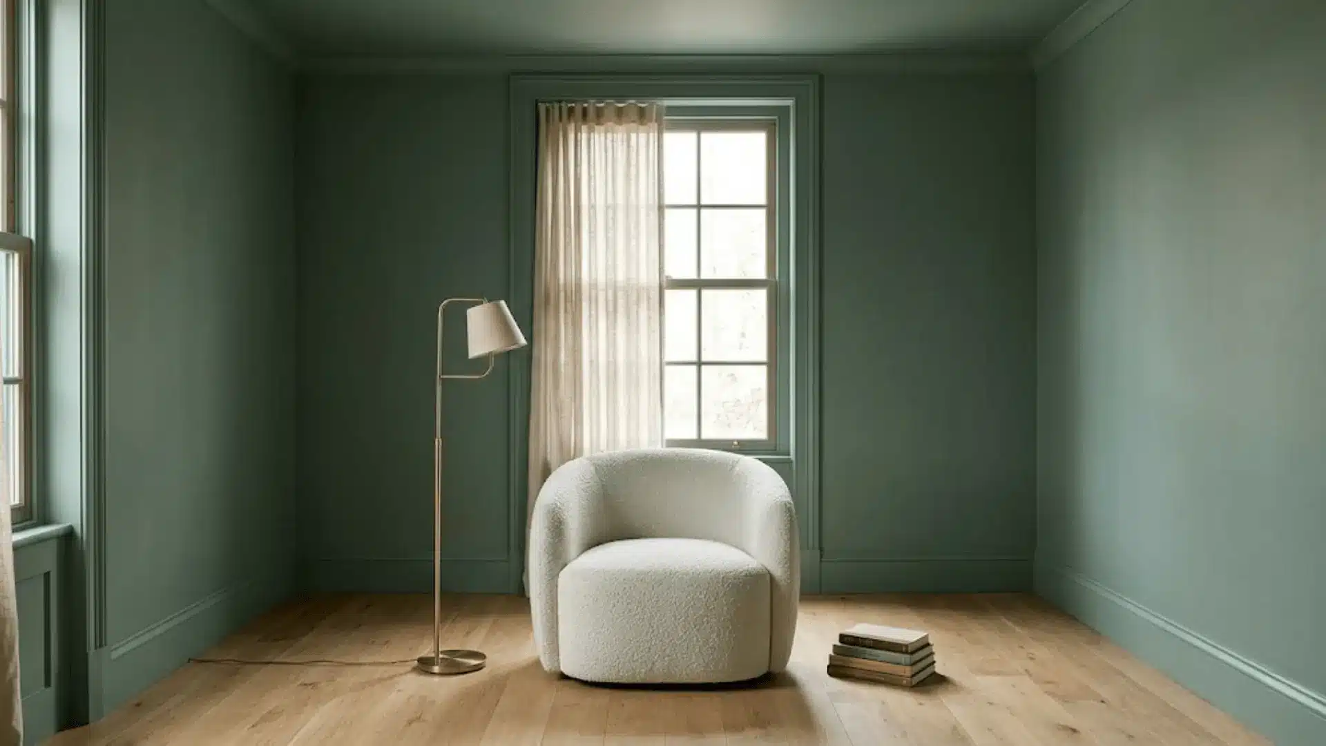 dusty sage green color drenched room with curved bouclé chair, brass lamp, and matte painted ceiling