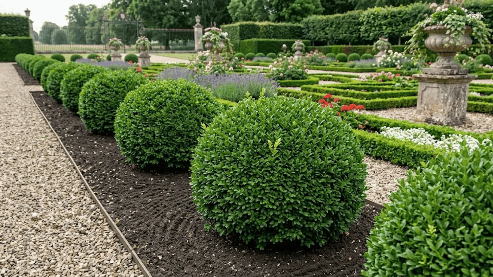dwarf boxwood clipped into neat spheres along a formal garden border edge with gravel path