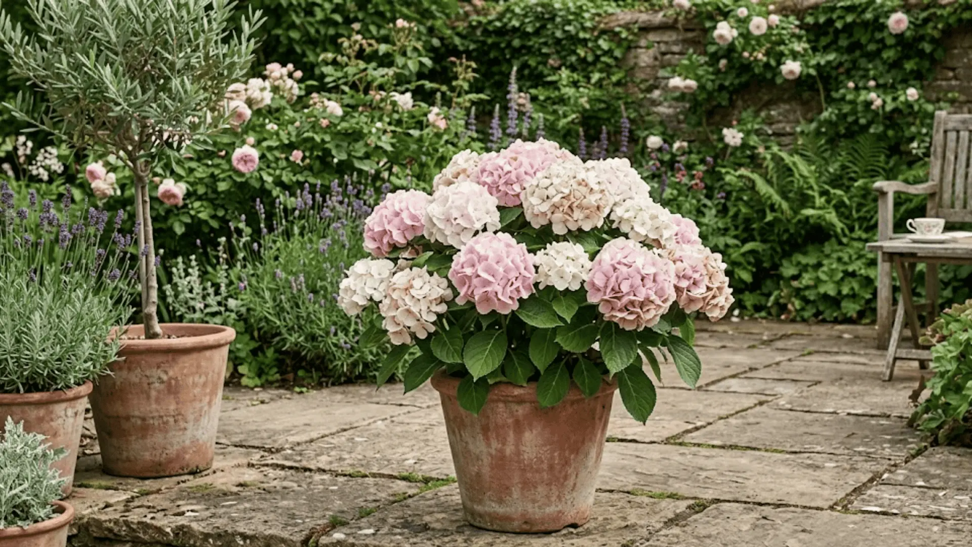 dwarf hydrangea in terracotta pot with blush pink flower clusters on a stone garden patio