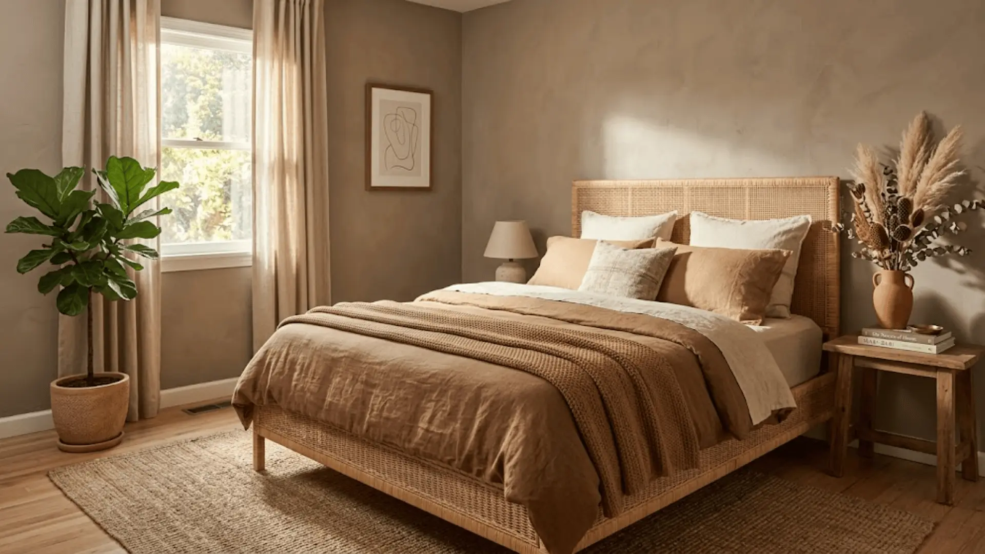 earthy neutral bedroom with rattan bed, taupe walls, jute rug, and warm brown linen bedding in afternoon light