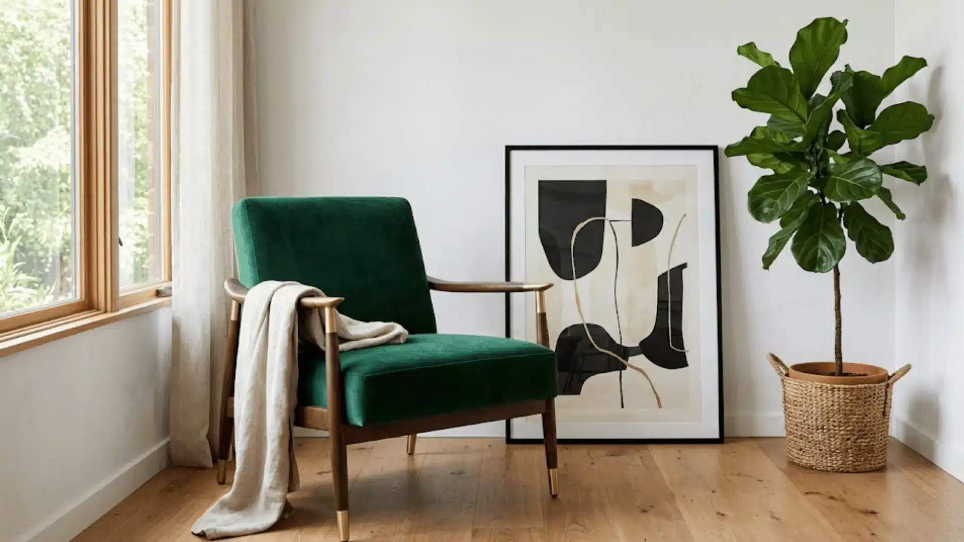 emerald green velvet accent chair with gold-tipped wooden frame in a bright white living room