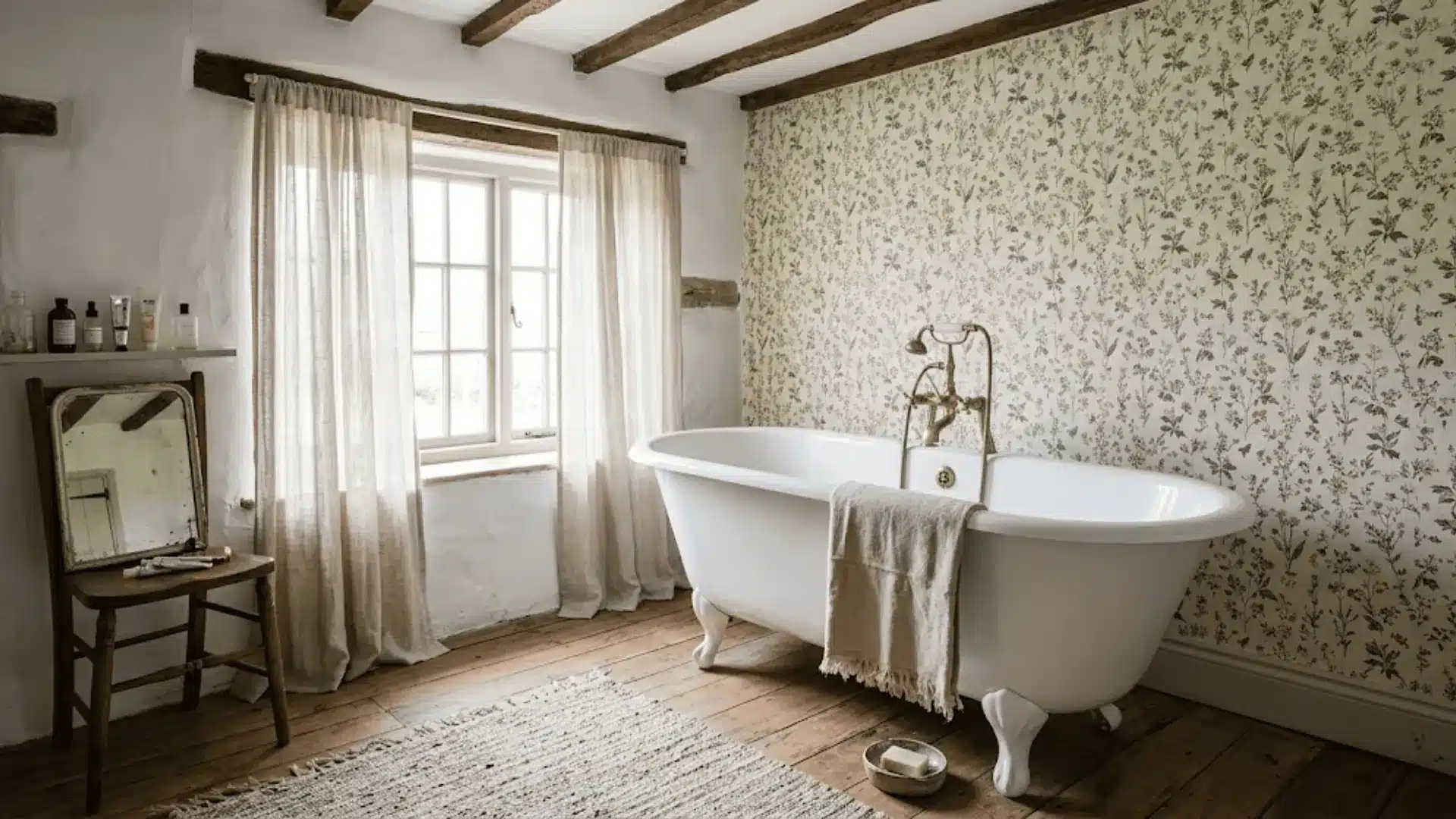 english cottage bathroom with clawfoot tub brass fixtures botanical wallpaper and linen towel in natural light
