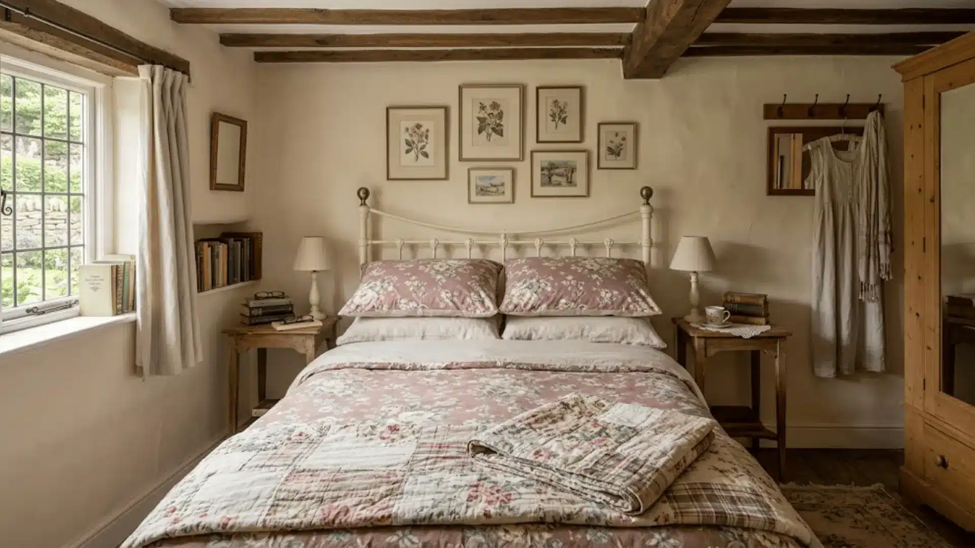 english cottage bedroom with floral bedding layered linens antique bedside tables and ceramic lamps in soft light