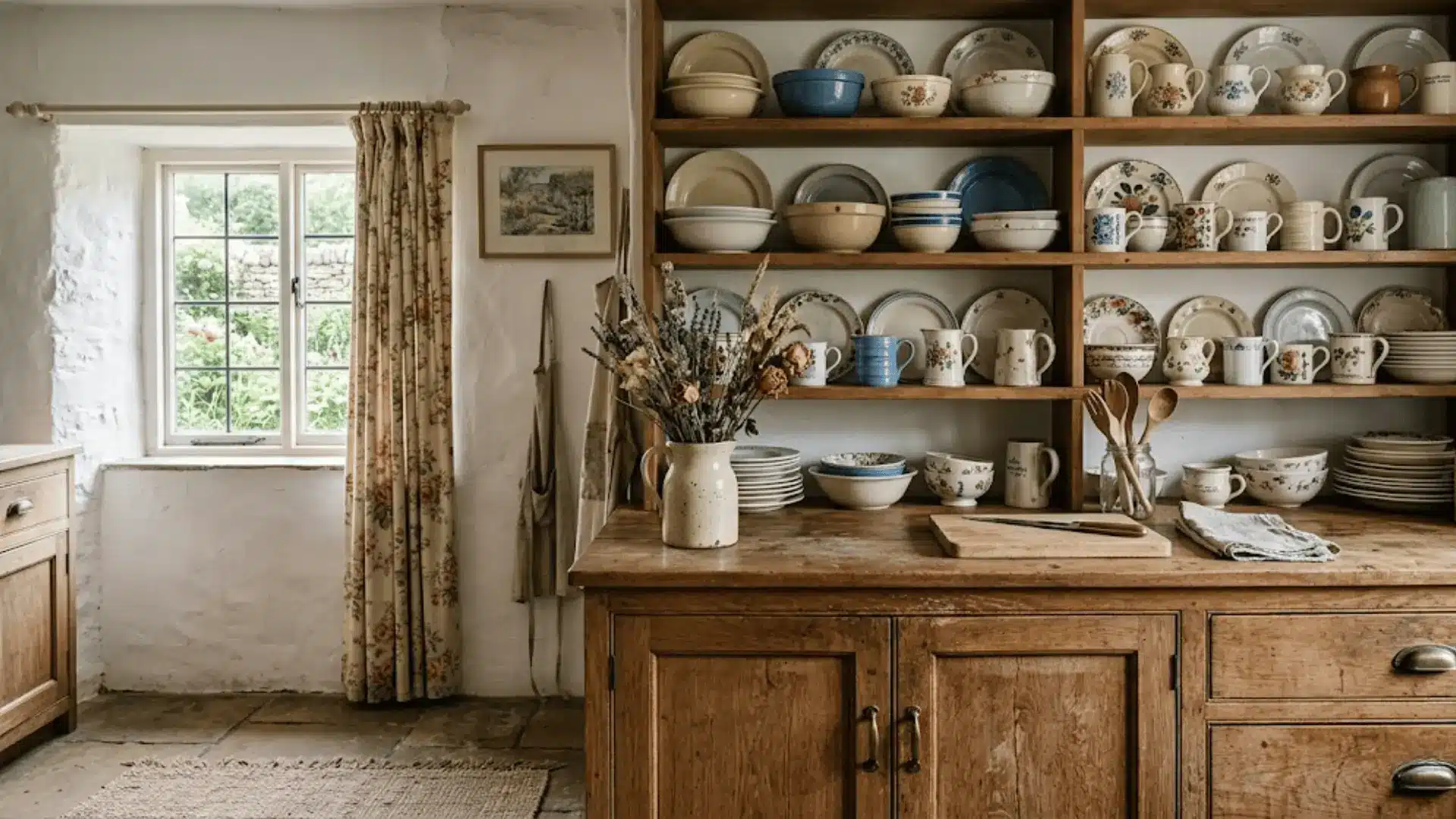 english cottage kitchen with open shelving mismatched crockery rustic wood cabinets and floral curtains in daylight