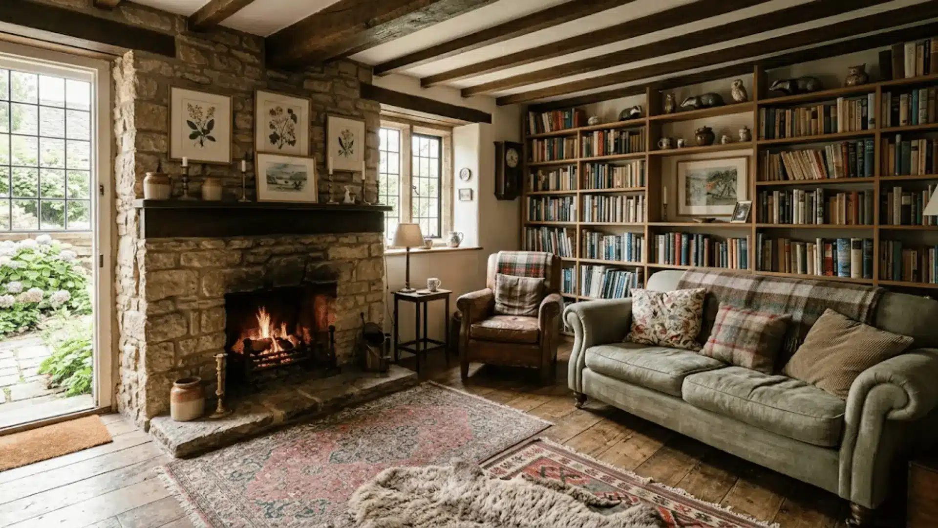 english cottage living room with stone fireplace layered rugs roll-arm sofa and packed bookshelves in natural light