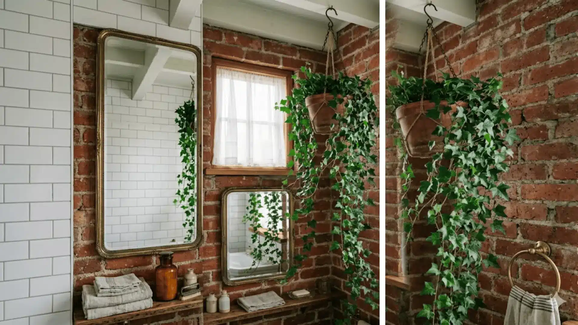 english ivy trailing from a ceiling planter in a bathroom with exposed brick wall and soft diffused light