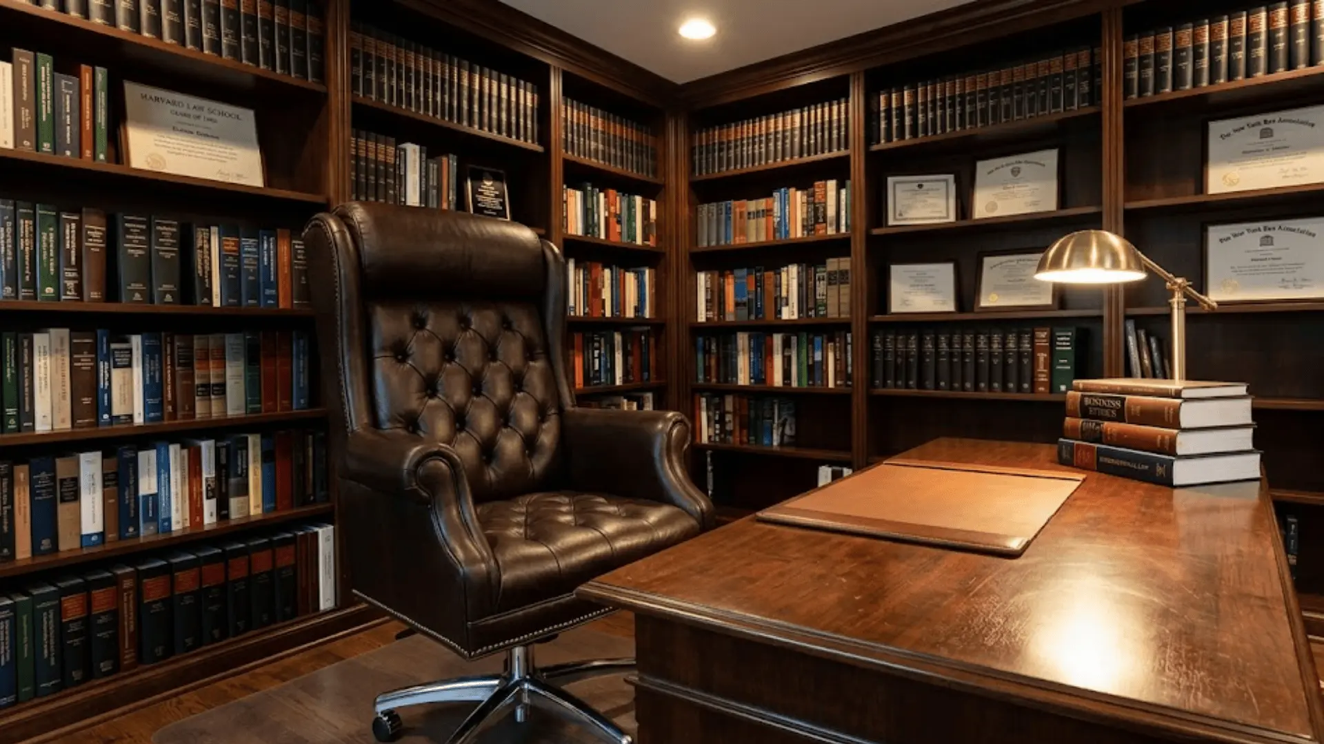 espresso leather high-back executive chair behind a mahogany desk in a formal office with dark wood bookshelves