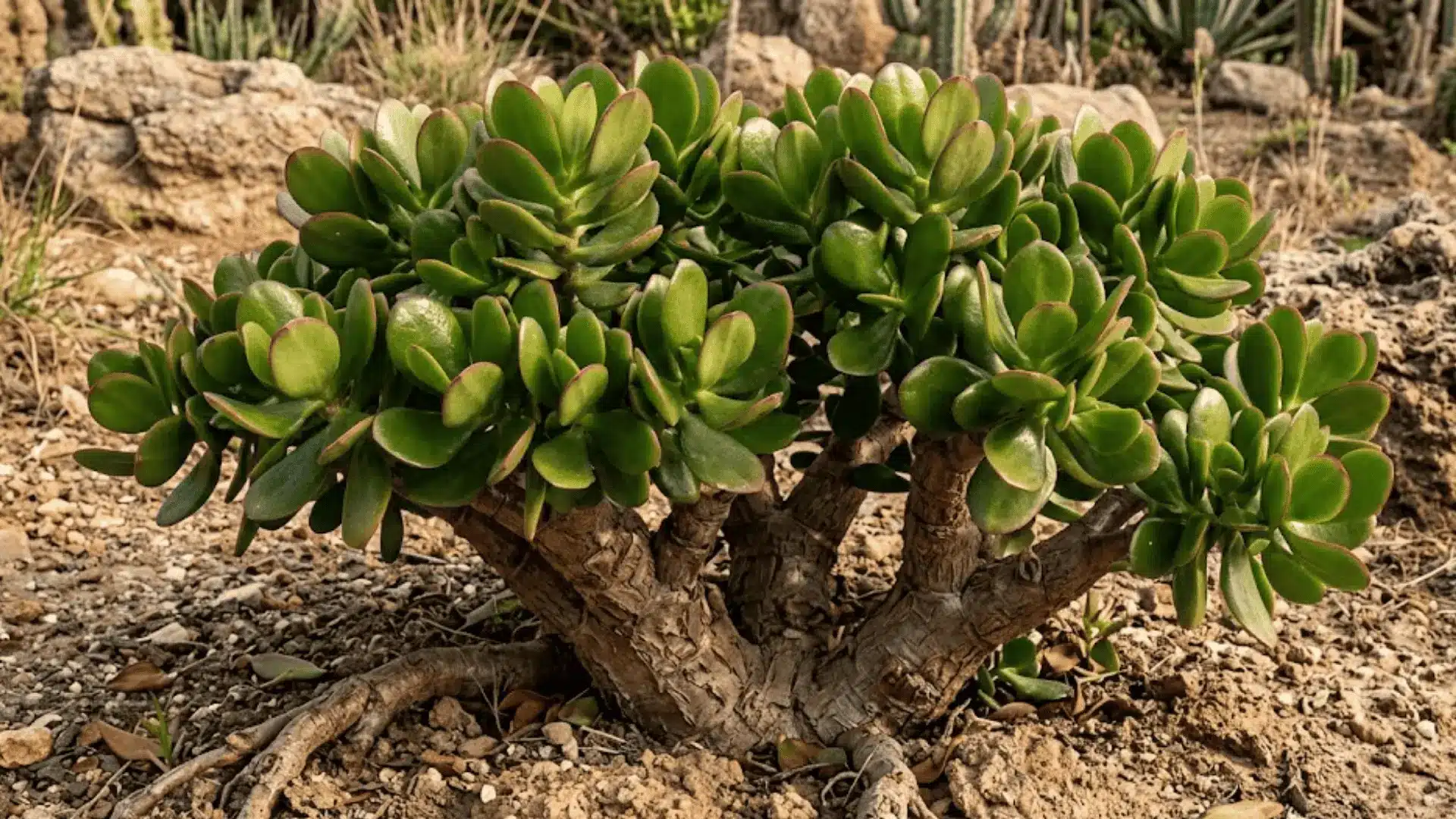 established jade plant with glossy oval leaves and woody stems growing in dry outdoor garden soil