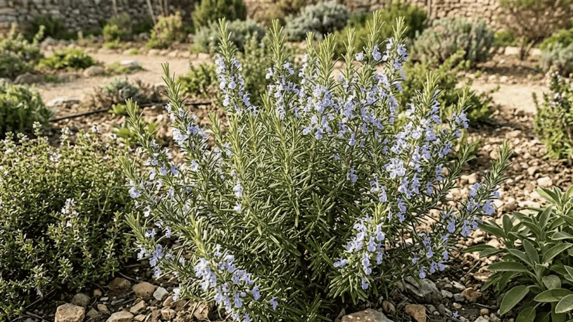 established rosemary shrub with needle-like leaves and pale blue flowers in dry rocky garden soil